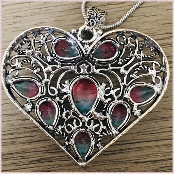 FINAL SALE HP Tourmaline Heart Floral Necklace 925 - Picture 2 of 8